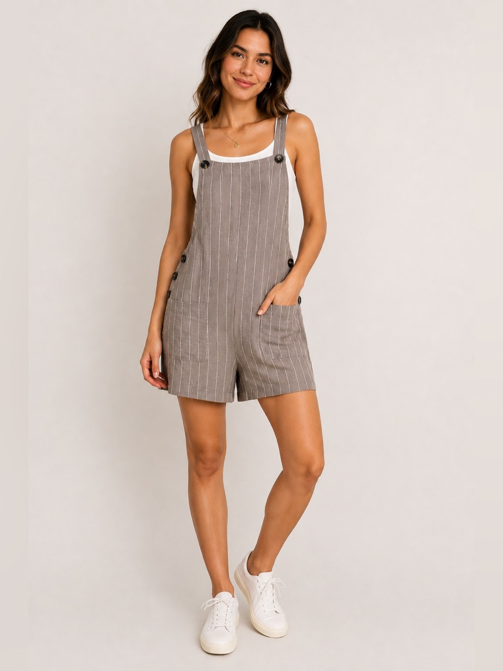 Urban Romantics Taupe Pinstripe Linen Blend Overall Romper Small